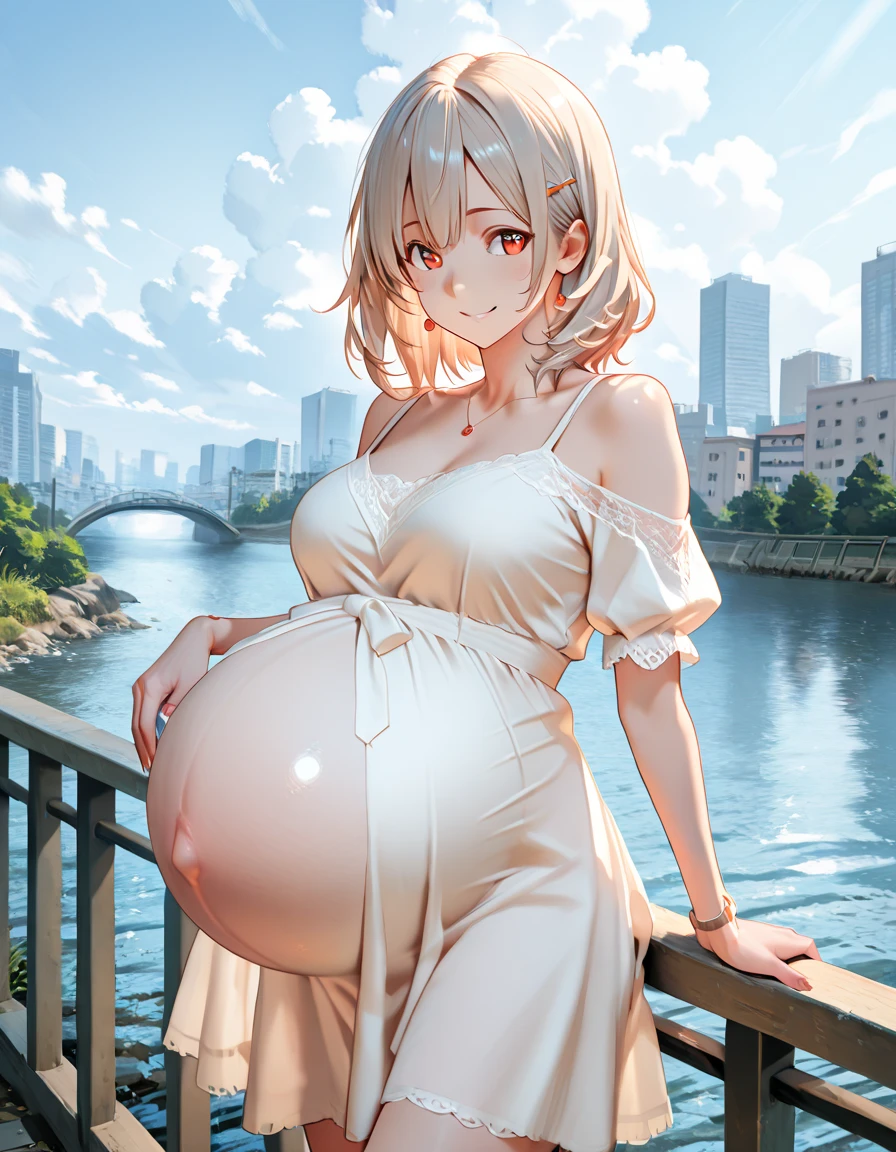 masterpiece, best quality, 1girl, solo, mature female, straight hair, short hair, blonde hair, beard, blue eyes, white t-shirt, black pants, pregnant, hands on belly, outdoors