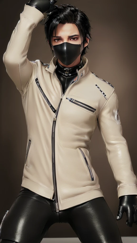 Final fantasy taste and reality graphics, Japanese young cute and cool ikemen boy, his age is early 20s, thin eyebrows and beady eyes, ((he wearing off white color leather thick material jacket)), ((jacket is singlebrest)), biker style jacket, with epaulet, jacket is long sleeve, ((must close the front of the leather jacket)), , ((voluminous leather jacket)), ,((must jacket is high length and stand-up collar)) ((jacket collar with two belts)), ((jacket is a little black color line pattern)),((close the front of the jacket)), ((also wearing black thick material turtleneck lackluster shirts)), ((tight black leather pants)), ((black leather tight and thin glove)), ((black leather knee-high raceup boots)),((must views head-to-toe)),((must views whole body)), ,((Do not show skin from the neck down)),leather jacket leather glove and leather pants have few wrinkles, Avoid showing your innerwear,zip up jacket fastner.must put on a leather glove.
Bous face is expression of ecstasy.
Boy is black hair.boy looks like fashion model.
((beige color packing tape)) ((gagged wrapped around his mouth)) ((put packing tape on his mouth ))