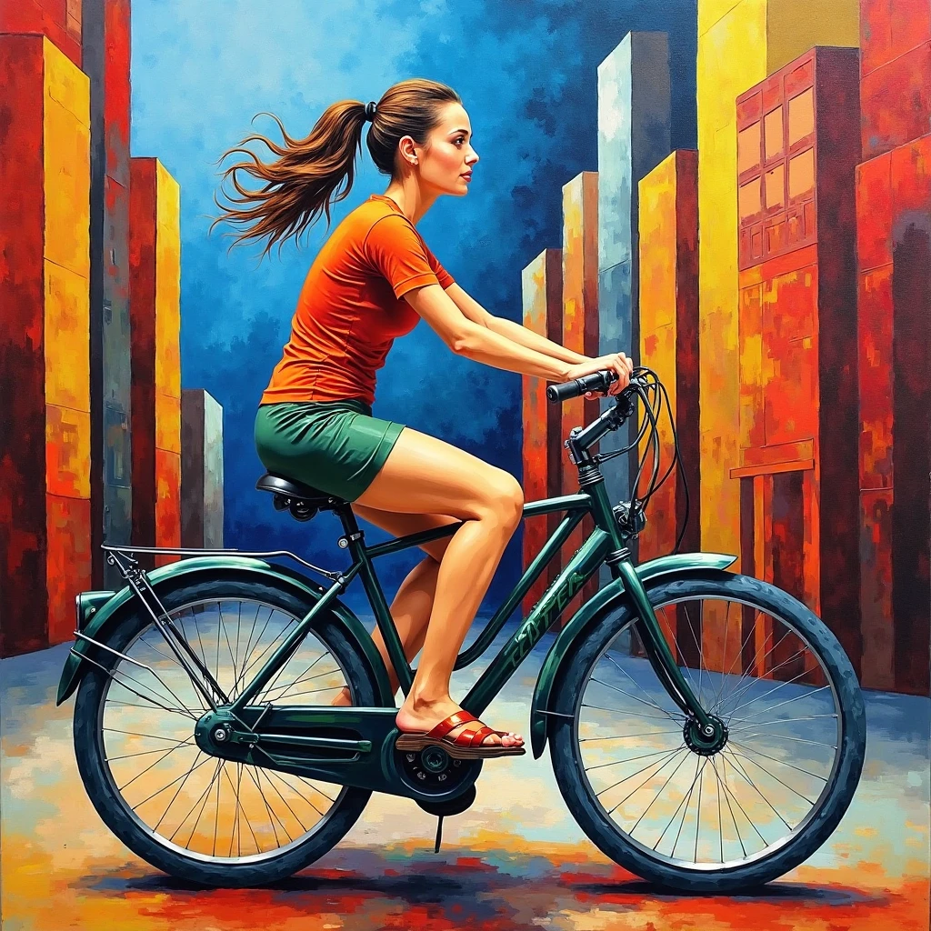 (Impressionist Painting) of a sporty flat-chested uppity blonde 22 y.o. Swedish woman, long curly honey-blonde hair in loose bun, on a bicycle, in the center of Milano, Italy, at sunset