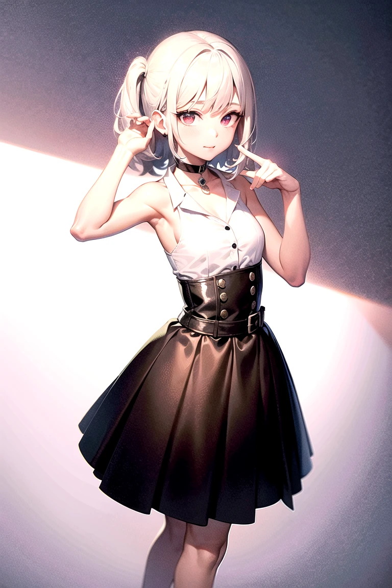 best quality, ultra high res, 1girl, sleeveless white button shirt, black skirt, black choker, cute, (Kpop idol), (aegyo sal:1), (platinum blonde hair:1), ((puffy eyes)), looking at viewer, full body, facing front