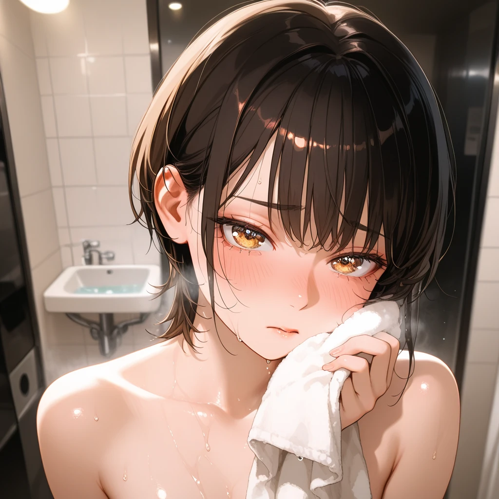 （Middle-aged man groping breasts）、nsfw,One Woman、10 years old、Primary school students、Completely naked、（Beautiful nipples）、((Small Breasts)),Highest quality、Very delicate and beautiful、((Very short bangs))、((Bangs))、Light shiny brown hair、The hair is light、((Short Bob))、Cute face、Young face、Cute like an idol、Yellow Eyes、Are thin、Slim figure、Short、（Child body type）、((Lots of sweat))、Embarrassed face、Open Mouth、Troubled face、Red face、（Bathroom at home）、Shooting from the side、Middle-aged man groping breasts、