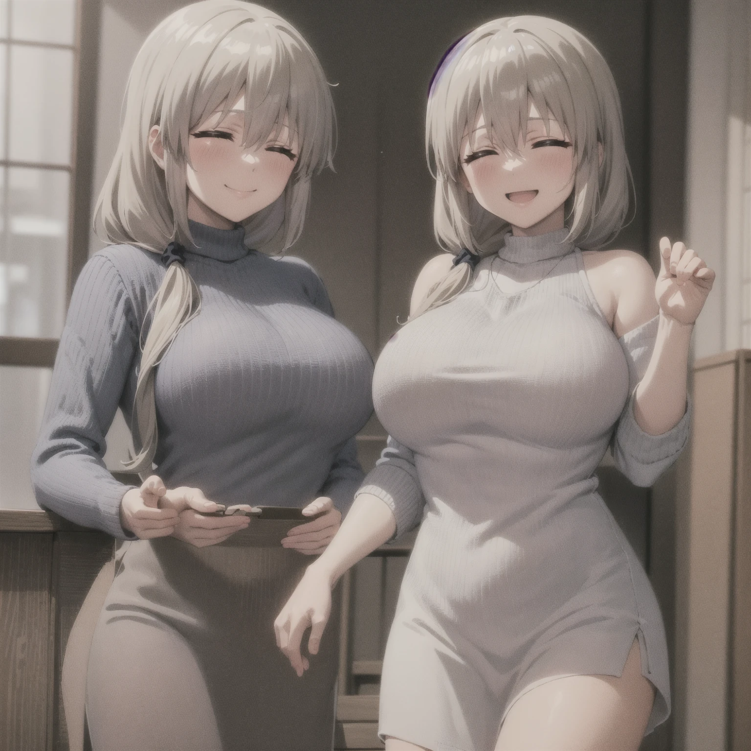 (8k，Super details，best masterpiece，nature，perfect work of art，perfect female figure)，two women，sister and sister，sisters，Rainbow hair，perfect face，(huge)，Neighbor&#39;s Wife，woman hairstyle，elegant wife，mature and exposed，20 years old，fair skin，messy hair，Perfect sexy body，Wear a fitted and sexy tunic dress，Strapless strapless short dress，Hot and sexy secretary，wear glasses，Standing in a spacious conference room，Papers scattered on the ground，Detail background，necklace，perfect eyes，， T-shaped small size，huge的山雀
