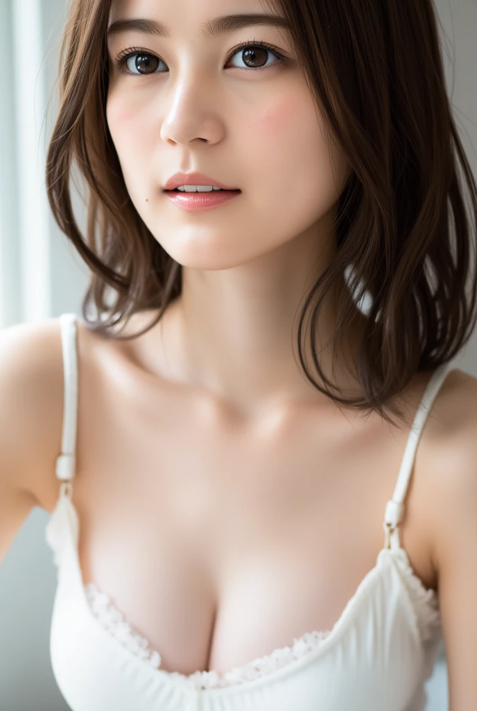 ((Best picture quality, 8K, tmasterpiece:1.3)), 1girll, Beautiful woman with slender abs:1.3, (Casual hairstyle, :1.2), Sexy low cut bra,Hypertrophy of the chest,Underwear color random,Ultra-fine face, A detailed eye, 二重まぶた,ssmile。Take pictures in cute poses,The figure is very bad,tiny small waist,Super big breasts,Close-up,Close-up chest,White-skinned,beatiful background,looking down on the camera