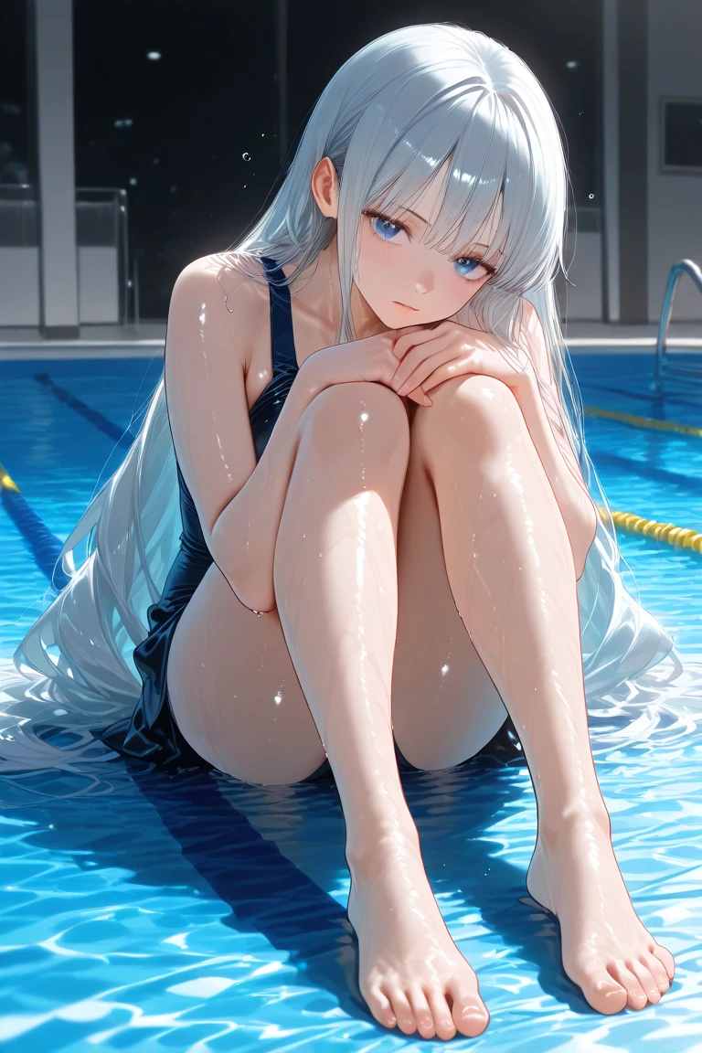 White silk skirt in the pool White silver hair, slender white legs, pure and cute, blue eyes