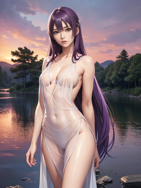 1 girl, lake scene, seat on the water, black suit, white details on her clothes, waterfall, white flowers on focus, full moon, night, flowing hair, crystals, sparkles, swim suit, purple hair, cap