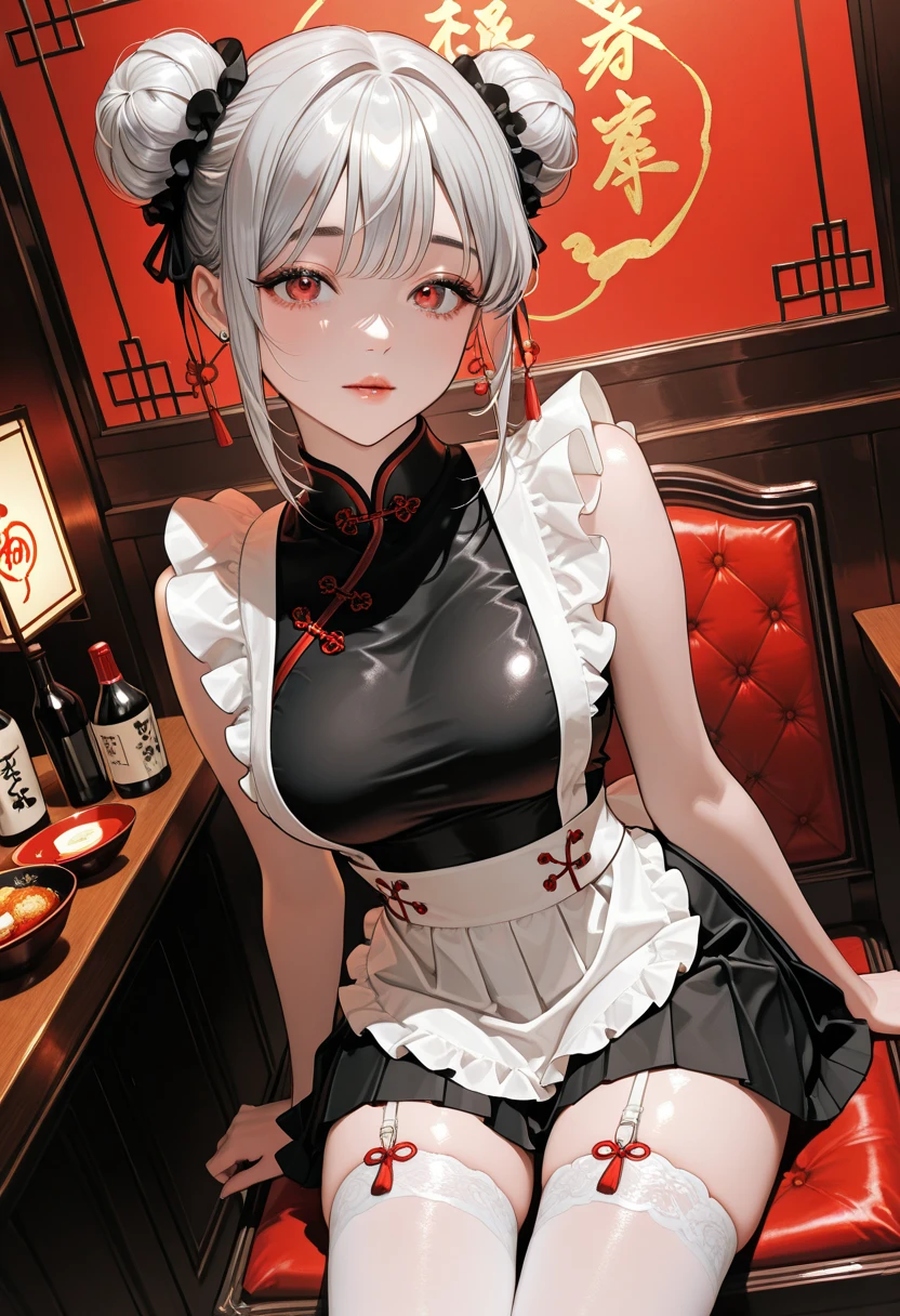 girl ((geisha skin, qipao)), 1girl, w (arknights), clothing cutout, solo, navel cutout, breasts, dress, navel, hair bun, tail, horns, double bun, cup, short hair, smile, holding, bare shoulders, holding cup, red dress, looking at viewer, drinking glass, cowboy shot, demon tail, grey hair, thigh strap, cleavage