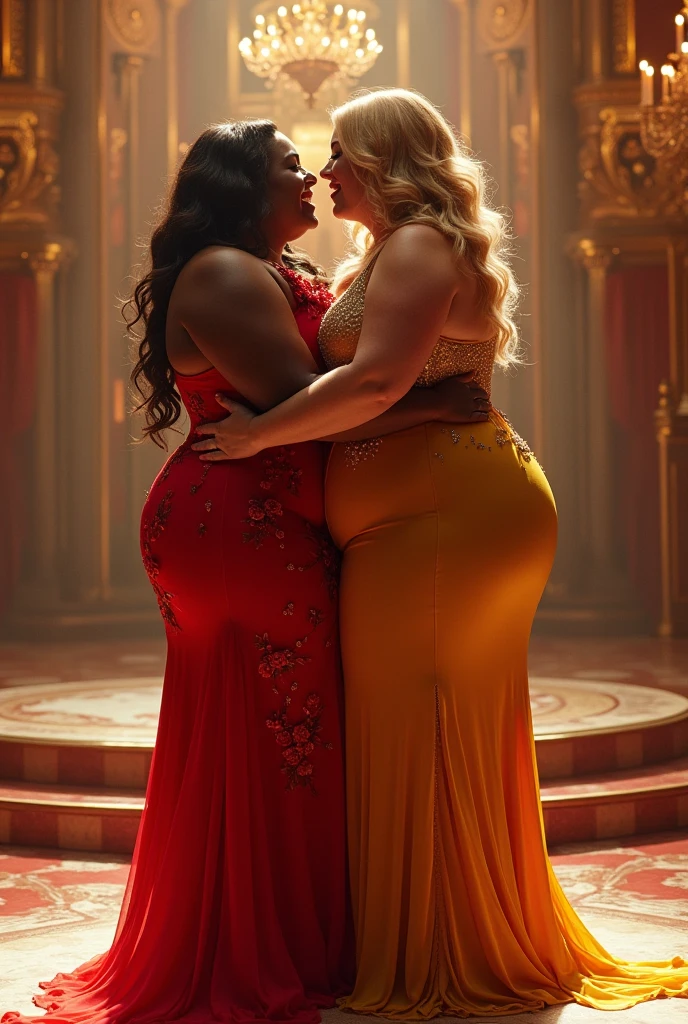 Two plus size model women weigh 200kg with a lot of fat on their stomachs and buttocks, they gained weight by eating too much, they are obese blonde haired American plus size models with very big buttocks, their buttocks are big and inflated and covered with a lot of fat, they are wearing belly dance costumes and are dancing belly dance on the stage of a bar, pressing their buttocks against each other, 4K quality