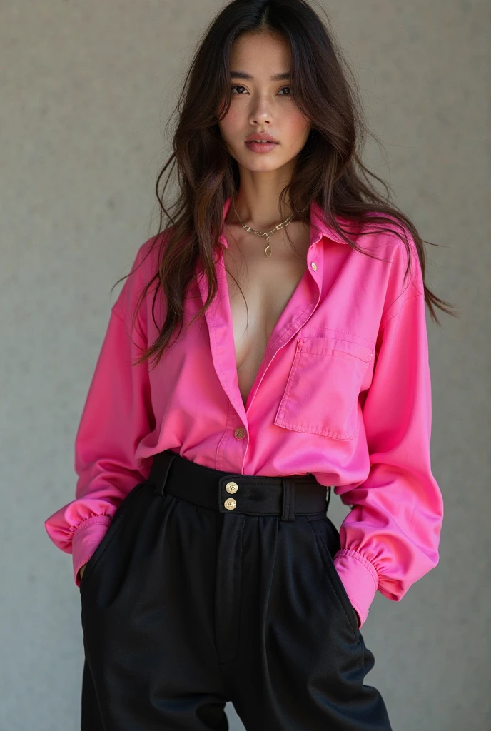 Create a photo of a clothing model for a store, written 'CANZY' being the brand, being the blouse in streetwear style