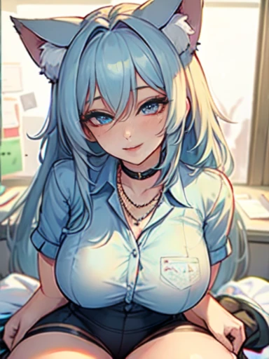 NSFW,masterpiece,Highest quality,High resolution,Super detailed,Shirakami Fubuki\(Hololive\),Gray Hair、One-sided braid、Ahoge、Earrings,Fox ears,Fox tail,nurse,Pink Nurse Uniform,Nurse cap,Stethoscope,Embarrassed,blush,Expecting face,Bewitching Smile,Shy smile,Sexy look,hospital,Examination room,desk,pc,Chair,(Seduce),Cleavage,examine,Chairに座っている