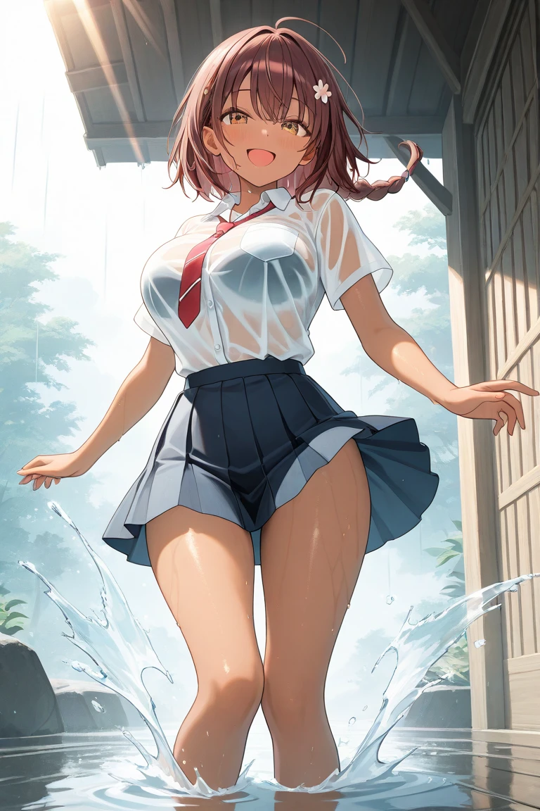 Park, walking, in the rain, a girl, beautiful, sexy, medium breasts, wide hips, small waist, shapely legs, perfect thighs, shy, blushing, looking at the viewer, , plaid miniskirt, blouse, traslucent blouse, wet blouse, wet body,