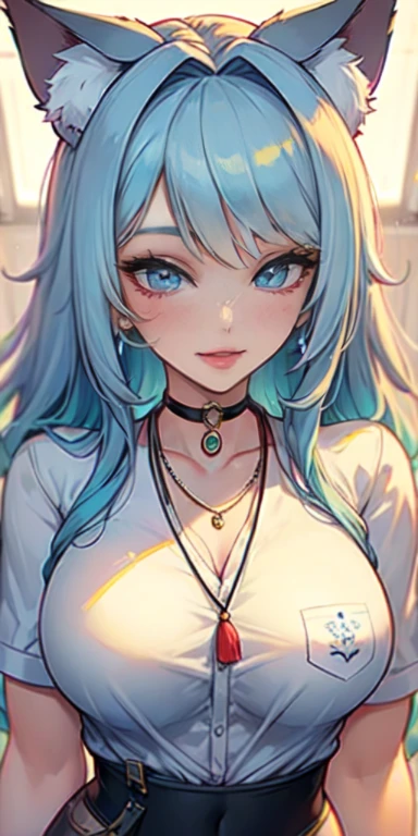 Masterpiece, beautiful art, 8k, art style by sciamano240, very detailed face, detailed hair, detailed clothes, detailed fabric, 1girl, beautiful face, long hair, light blue hair , model head shot, facing camera, very detailed blue cat eyes, sultry smile, close up view, zoom in, wearing cute a white office shirt, necklace, chocker, rosey cheeks, office setting,