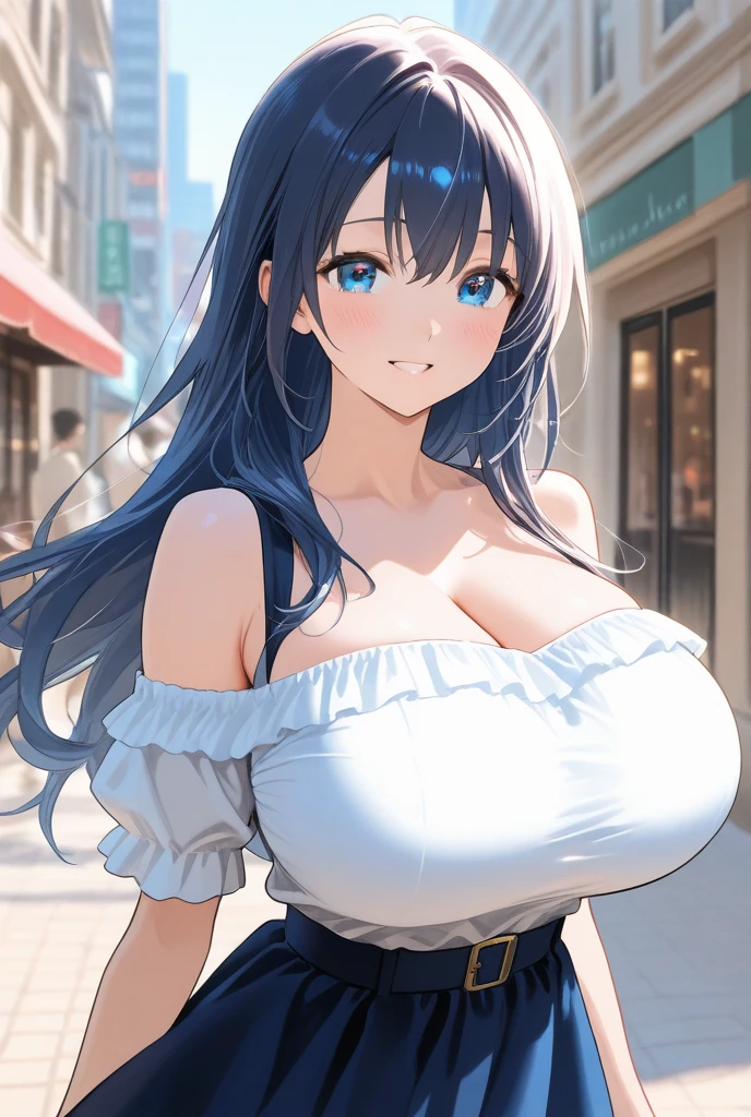 Highest quality、Highest quality、masterpiece、(8K),Beauty(Age 25)、Navy blue long hair、blue eyes、Sexy white bikini with large gingham check、Big cleavage、(Big Breasts)、smile、blue necklace、Blue Earrings、background(Beach)、Please open your mouth wide、White headband、bracelet、Dynamic pose