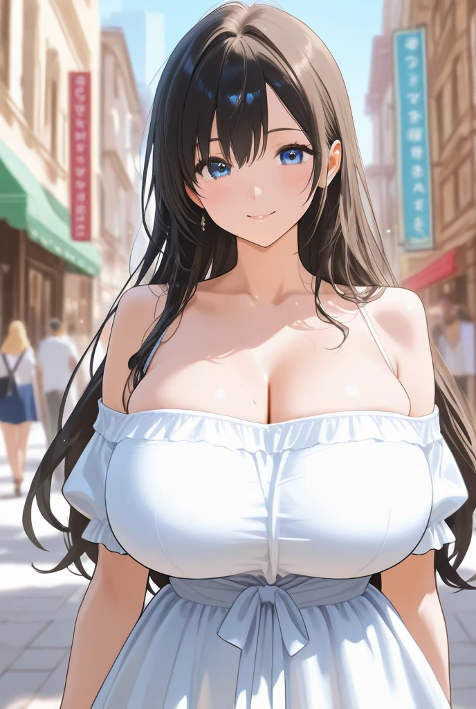 school class, a 25 year old Italian girl with super giant breasts and a guy groping the girl, the girl is wearing a torn blouse and a miniskirt, the girl has long loose black hair