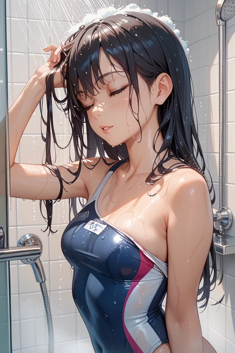 (masterpiece,best quality,ultra-detailed,intricate,detailed face,detailed eyes,beautiful eyes,nsfw)、(((1woman,wet:1.5,wet:1.5,wet:1.5,)))、cowboy shot,20歳の美女、dark blue hair,medium bob hair:1.3,tearful,恥ずかしげな表情:1.3,((bikini:1.5,綿生地のブラジャー:1.3,綿生地のパンティー:1.3)),(slender body,medium breasts,gleaming skin,oily skin,shinny skin),standing、from front,(depth of field:1.2),(簡素なシャワールーム、take a shower:1.5),