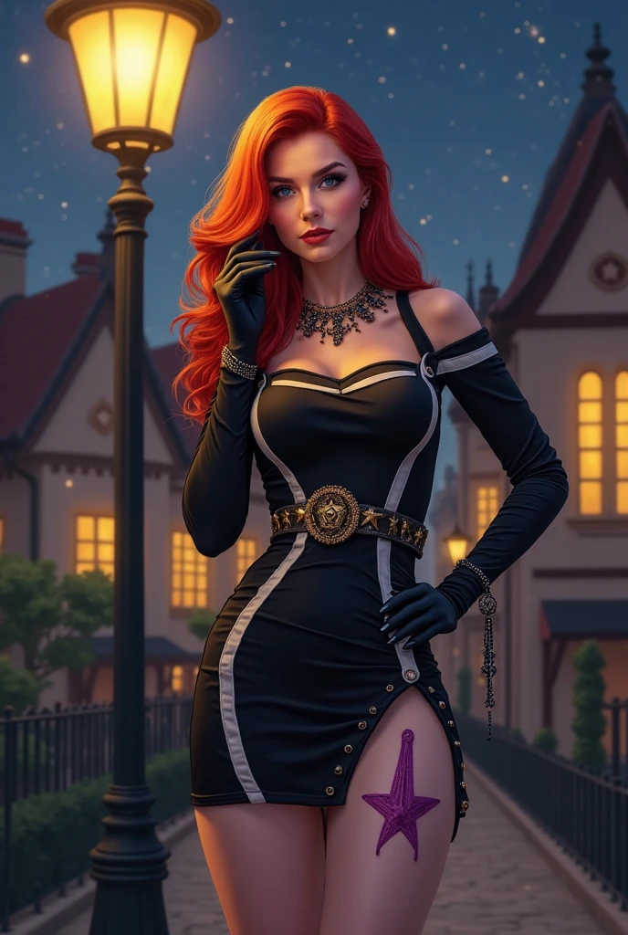 woman with blue hair and rainbow tattoos posing on a red carpet, tight short dress, imvu, sinister pose, lilith, second life avatar, spellcasting pose, lacivious pose,
