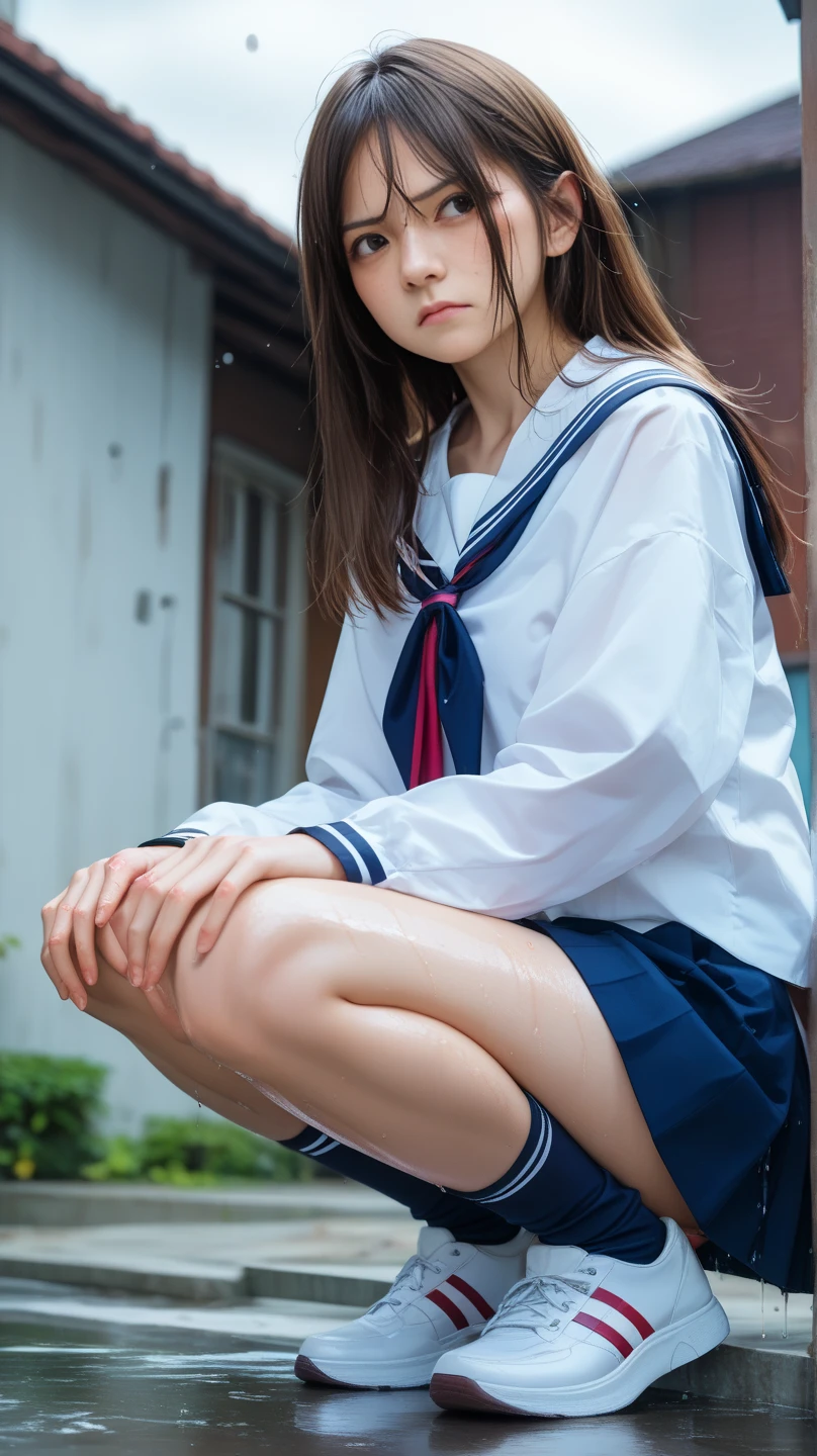 Highest quality,masterpiece:1.3,Ultra-high resolution),(Ultra high definition、Caustics) (Photorealistic:1.4、RAW shooting、)Ultra-realistic capture、Very detailed、Natural skin texture、masterpiece、(Junior high school sailor uniform:1.3)、One Japanese girl、Adorable expression、Happy expression、14 years old、Young face、Amazingly cute、Twin tails、Curly Hair、Black Hair、Scrunchie、Thinning、Medium breast、Junior high school classroom、Shining thighs、Summer sunshine、smile、An inviting gaze、Cowboy Shot