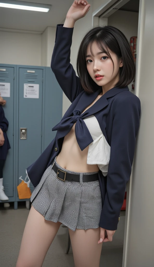 Pubic hair grows、Smile full of happiness、((Thong Panties:1.3))、、、Panting face、Lacking、After being attacked、school girl outfit(Plaid miniskirt)、a sailor suit、Sweating、Expression in a state of excitement、short-hair、eye glass、The skirt is lowered