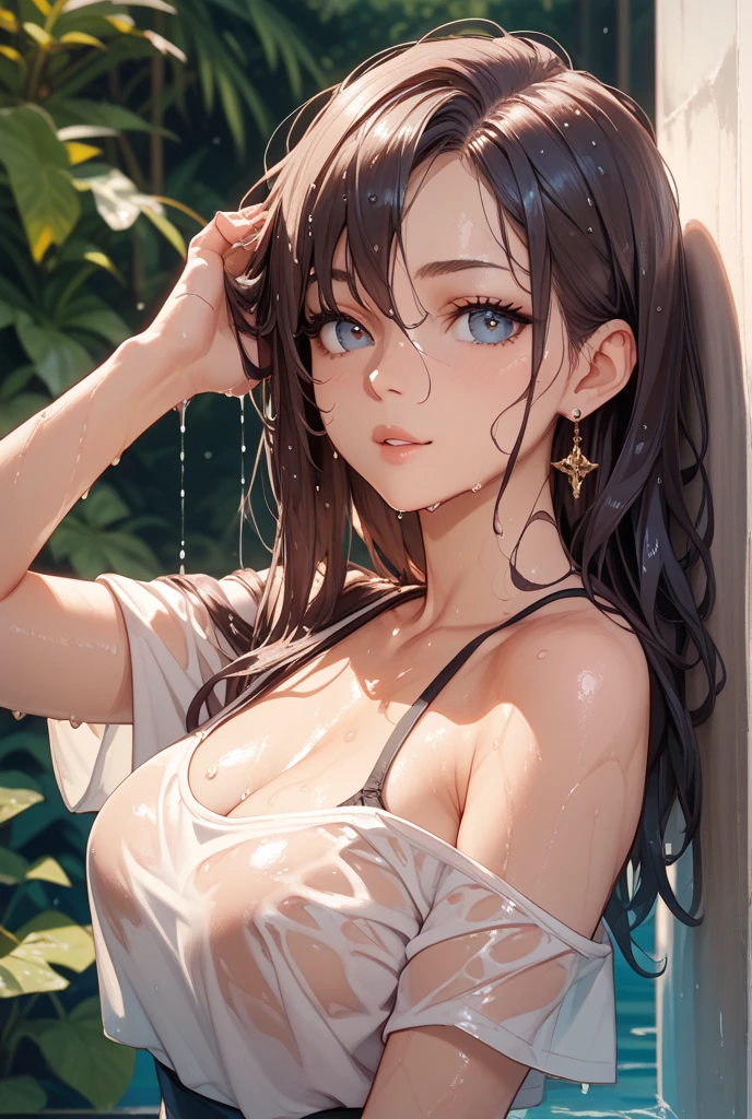 girl, sweat, steam, medium breast, shy, detailed hand, looking at viewer, light smile,