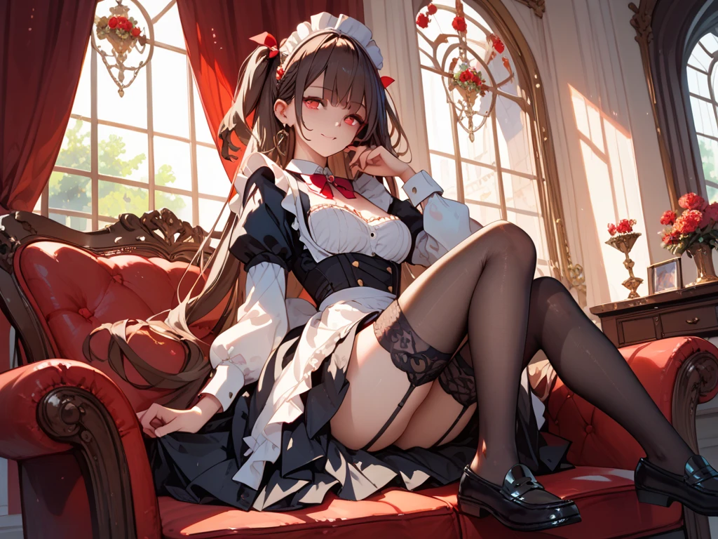 score_9, score_8_up, score_7_up, score_6_up, score_5_up, score_4_up, source_anime, 1girl, sit, black hair, long hair, red eyes, w-w-chain, shackles, clean hair, maid's outfits, thigh high boots, red boots, heels, flowers, windows, sunny, dungeon, close-up, best quality, best res, 4K UHD,
 