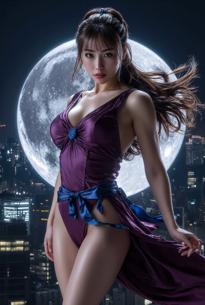 masterpiece,best quality,ultra-detailed,1girl,solo,jewelry,barefoot,breasts,dress,glasses,crossed legs,long hair,moon,earrings,sitting,ponytail,yellow eyes,looking at viewer,night,cleavage,necklace,bare shoulders,black hair,full moon,scrunchie,medium breasts,bracelet,hair ornament,adjusting eyewear,full body,parted lips,feet,sky,off shoulder,bare legs,bangs,purple dress,legs,smile,night sky,outdoors,arm support,purple dress,cityscape,neon lights,skyscrapers,