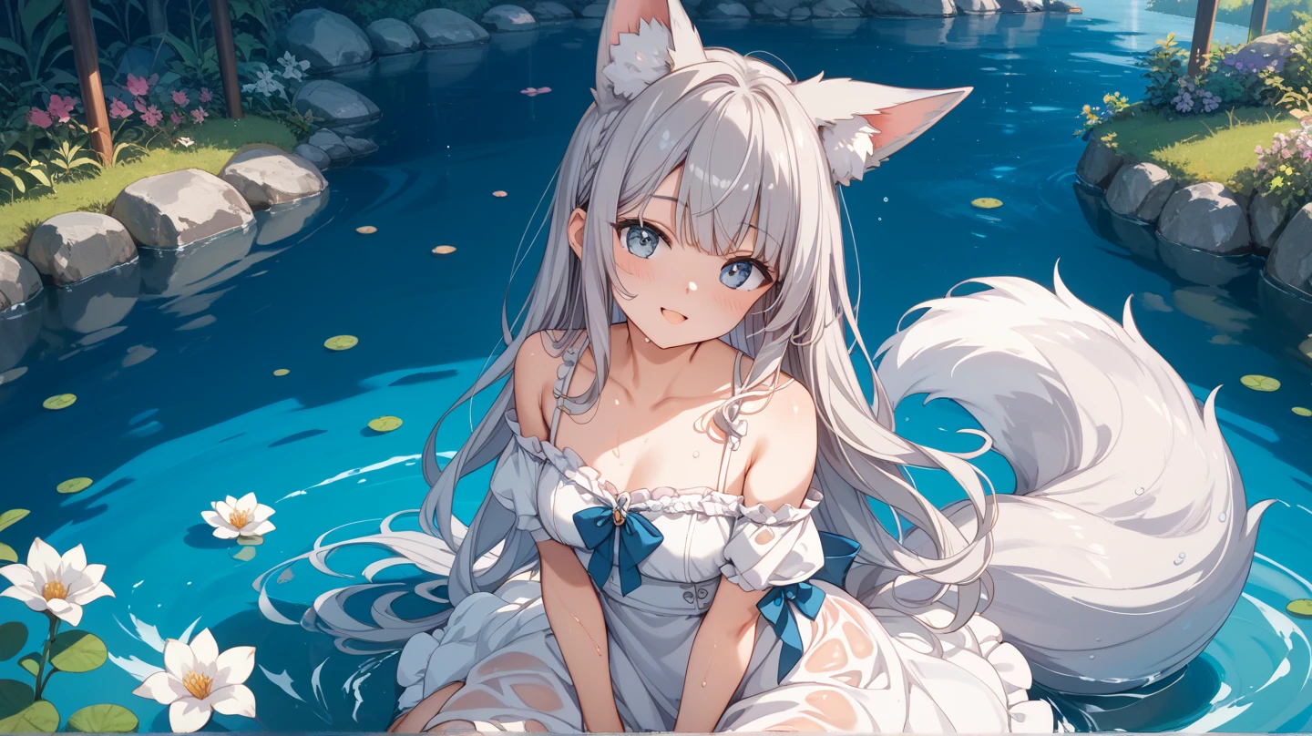 anime, cat ears , E cup, silver long hair, sexy, shy smile, fairy, wet, fluttering feathers