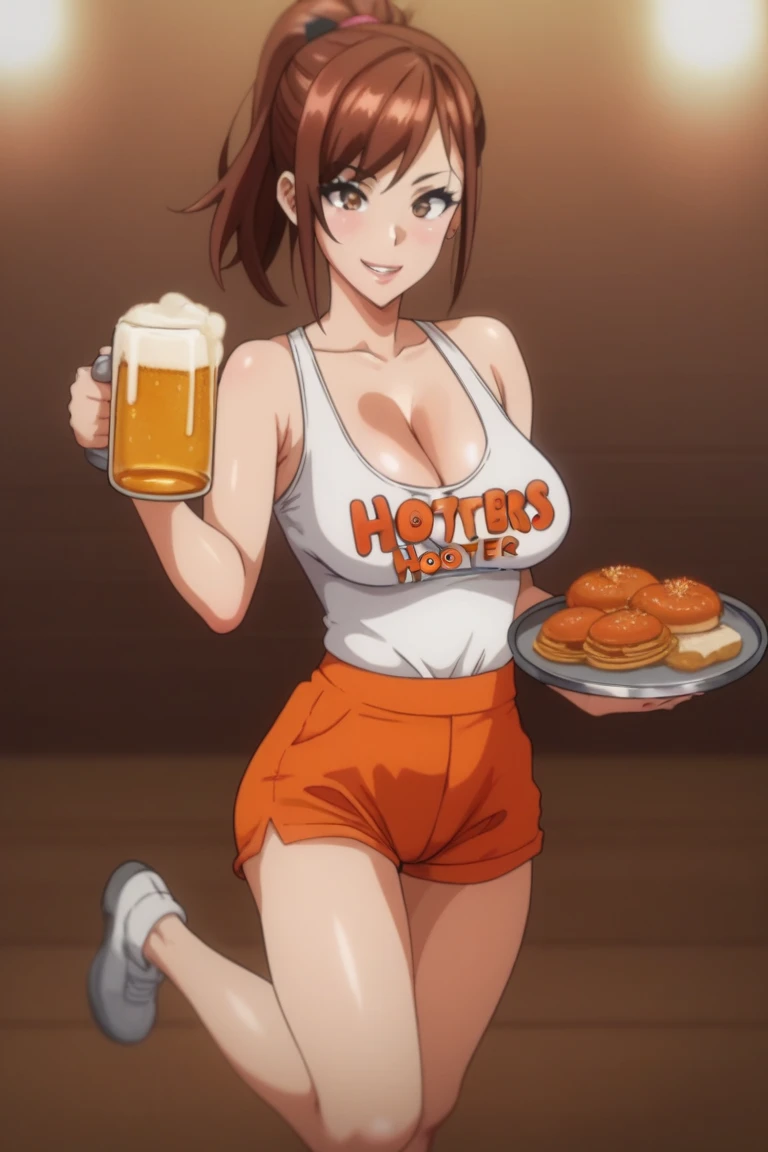 masterpiece, perfect eyes, beautiful faces, makeup, smile, professional photo, natural lighting, full body, perfect face, makeup, young woman, realistic photo, Hooters,  <lora:HootersV1:0.7>, beautiful face, perfect face, masterpiece, holding cum mug, orange shorts, white shirt, dextersmom_v2-6_shurik,  <lora:cumMugLora_cumMugLora:1>