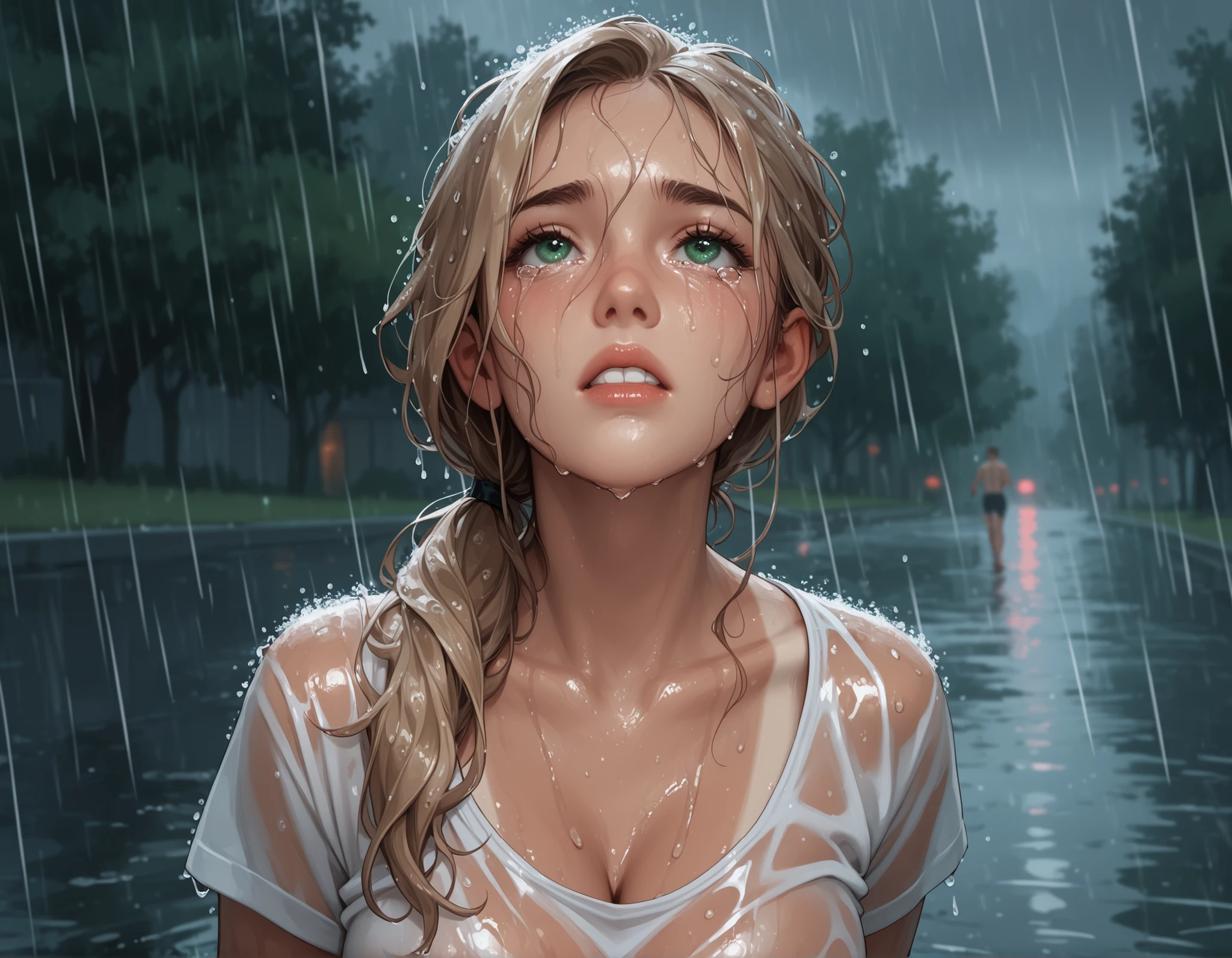 Outside, rainy day, gray clouds, heavy-rain, raining, woman with long wet blonde-brown hair and smart green eyes, hair in a ponytail, tanlines, standing, looking up, sad, tears running down her face, white teeth, wet skin, wet shirt, cleavage, very detailed, beautiful wet hair, wet hair clinging to her skin and clothes