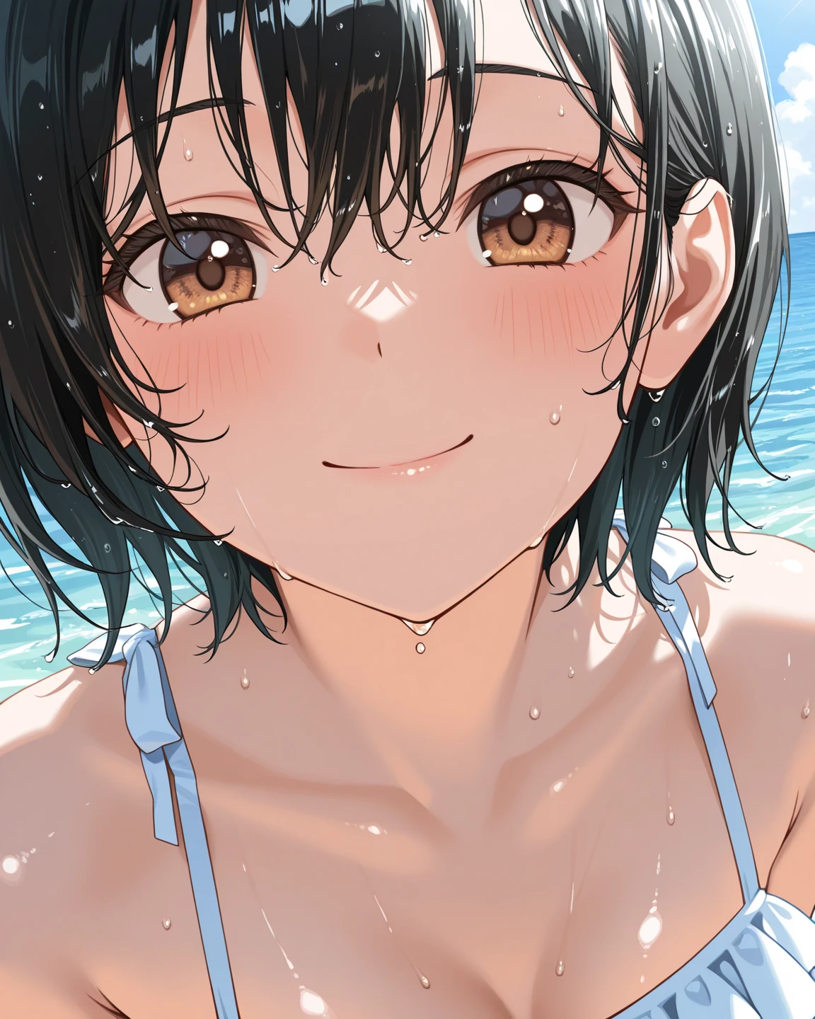 (muste piece), (best quality), (score_9, score_8_up, score_7_up), very detailed eyes, expressive eyes, perfect face, very detailed face, highly detailed face, beautiful girl, 8K, beautiful girl, white background, delicate and beautiful face and eyes, dark intense shadow, Ultra-high resolution, Movie Lighting, (Fuji Color: 1.2) portrait,
1 girl, vtuber style, cool girl, hololive, vtuber, Oozora Subaru, black hair, short hair, mini bikini, yellow bikini, striped bikini, close one eye, look up, big chest, cleavage, wet body, wet hair, cameltoe, clavicle, one arm up, armpit, (full body), sitting, indian style, open legs wide,