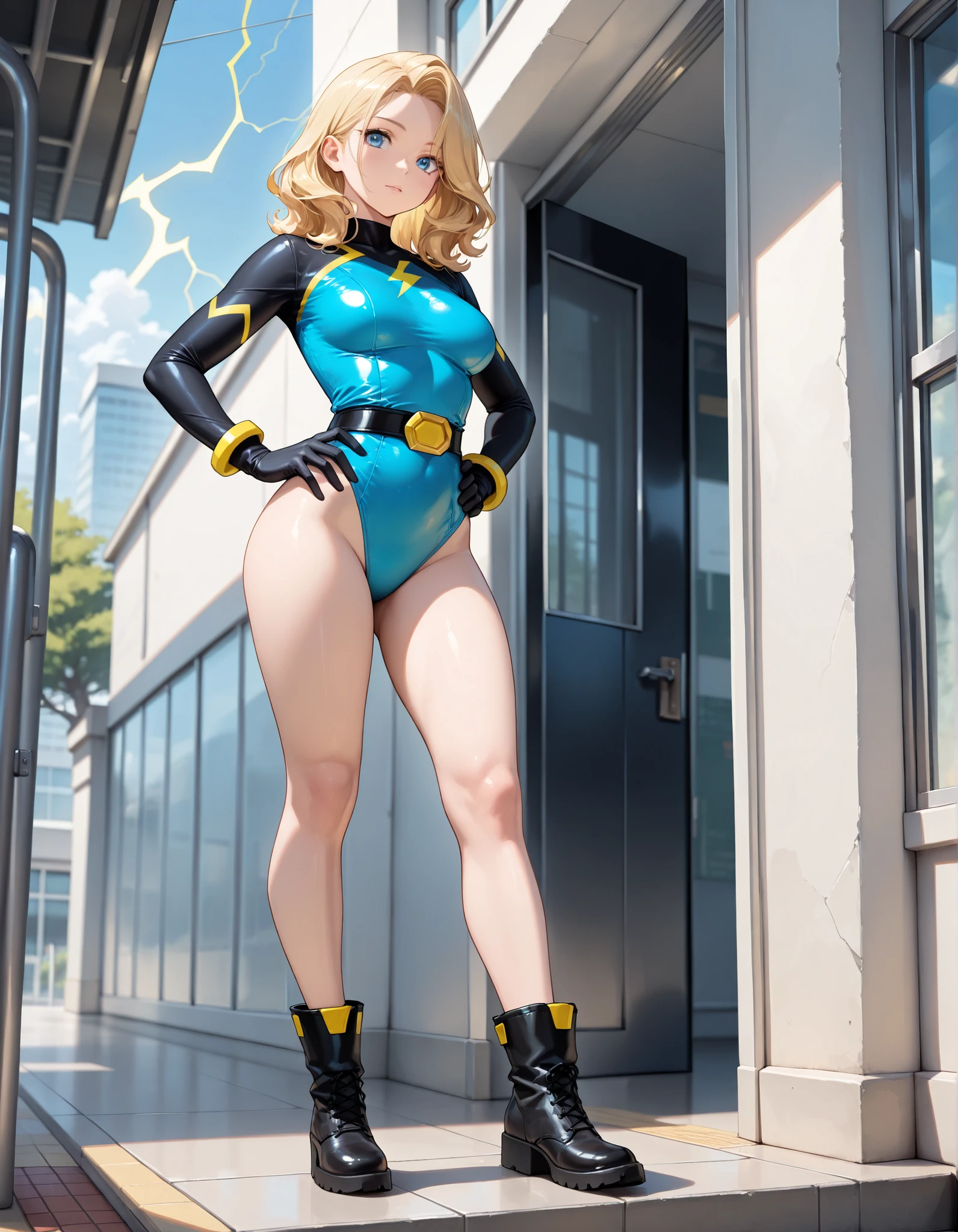 (((pixel-perfect, detail-perfect))), 1girl, medium breasts, (leotard, highleg leotard, light blue leotard), (lighting bolt emblem on chest), bare legs, (tight belt), boots, matching boots, gloves, city backdrop, solo, single, hands on hip, standing, full body shot, cowboy shot, superhero, power, diffraction spikes, blonde hair, short hair, wavy hair, high school backdrop, outdoors, mature lady, teacher. ultra highres, absurdres, beautiful face, detailed eyes, symmetric eyes, perfect body, good proportions, adetailer