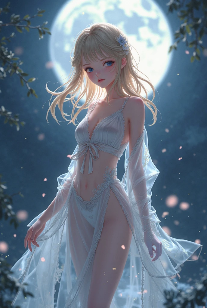 A moon elf (greatly resembling Paris Hilton age 25, waist length hair, pale skin, crystal blue eyes, spider silk sheer evening gown) is flirting and studying the viewer, moonlit glade
