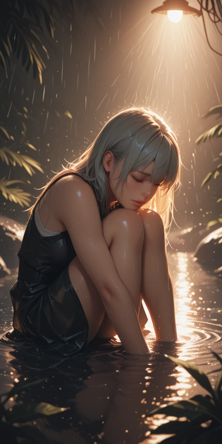 (masterpiece, Top quality), A girl with long white hair sits in a field of green plants and flowers, Warm moonlight, Blurred foreground, Change, River bank, shorts, Strange eyes