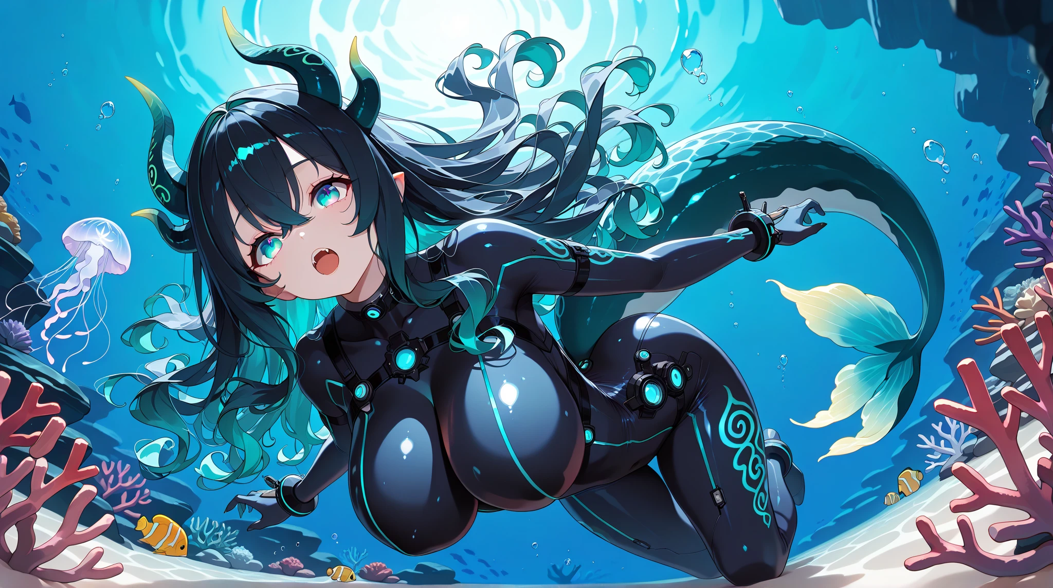 score_9, score_8_up, score_7_up,1 daemon woman, straight demon horns, (black horns),(upward-pointing horns) , vertical horns, black demon tail, (aquamarine hair),aquamarine green color hair,ahoge, long hair, (long hair),bangs, light orange bikini,bikini is orange, bikini orange, orange bikini!, (orange eyes), background is spaceship, orange eyes, 1woman ,facing viewer, daemon girl, bubbles, tube, close up,Well-endowed, alone,Spacecraft interior