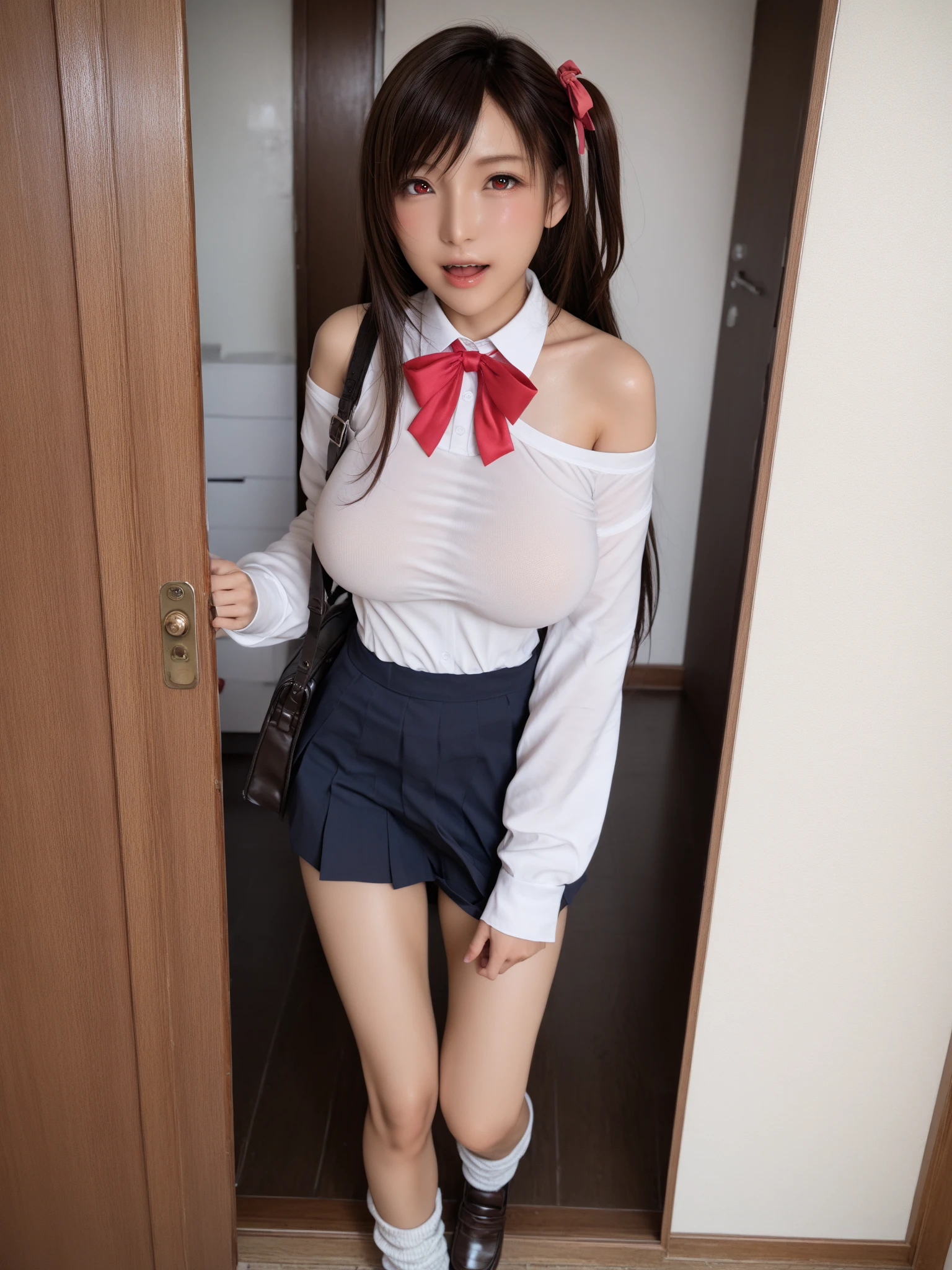 highest quality,beauty,Beautiful face in every detail,Angry face,Japanese,Long Hair(Black Hair,With bangs,)Very large eyes,(Red eyes),beauty,Big Breasts(Big Breasts,Very large ,extremely Big Breasts,Deep Valley,Big Breasts)Big Ass,1.8,Highly detailed costume, smile, High school girl uniform blazer,Pleated skirt(Tiny mini skirt),super high quality,Big nipples,Spread your legs,Ocean,naked,Brown areola,Black labia
