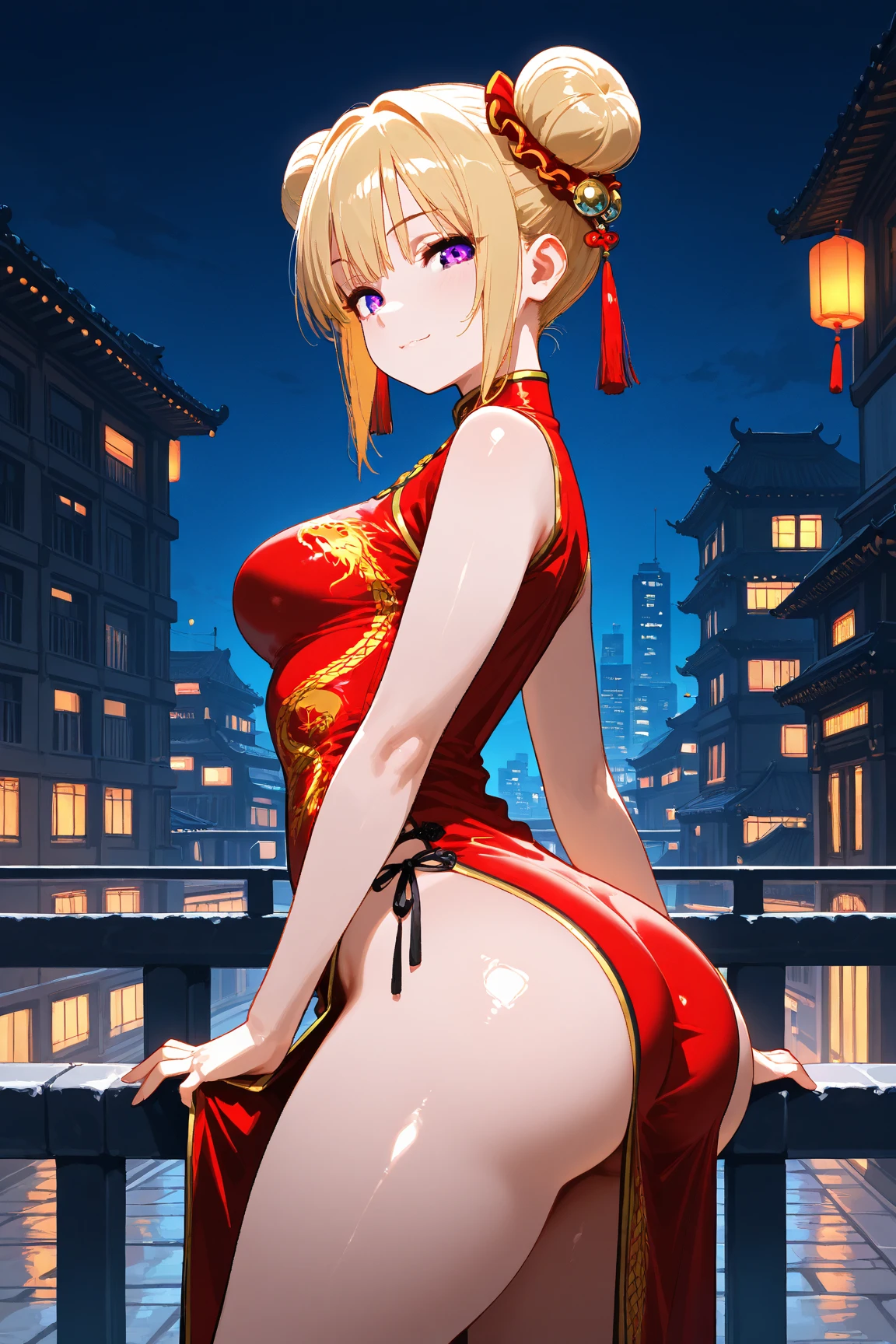 (masterpiece,highest quality,超A high resolution),Japanese women, (((Very beautiful 18 year old girl))), pretty girl、Look at the photographer､ ((Beautiful blonde bob hair)), Very cute face, Glossy Lips, Double eyelids on both eyes, blue eyes, Natural smile、 Natural Makeup, Long eyelashes, Shiny and smooth hair､Center image, Perfect limbs, Perfect Anatomy,(((Shiny Chinese Dress　white panties))),Bite、Streaks are visible、Wet with sweat,Cowboy Shot,Accentuate your butt、Big Ass、
