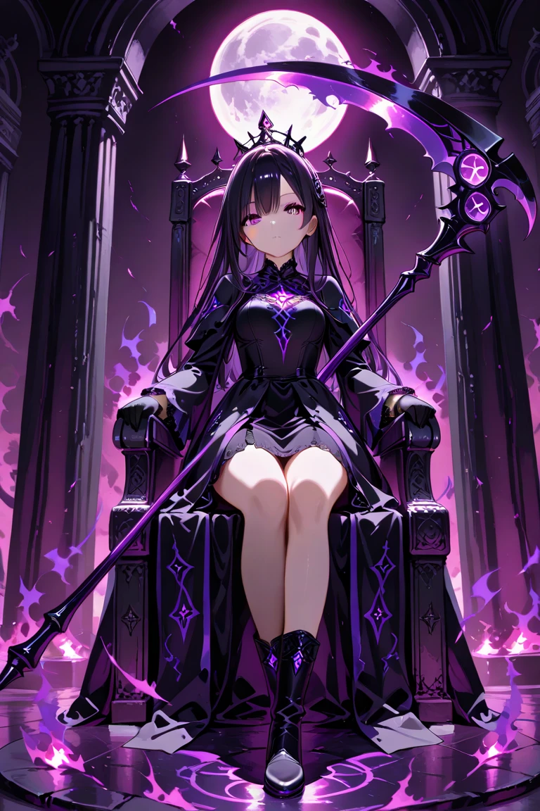 a full body portrait of dark queen,Sitting on a chair with arms resting on the backrest,dark fantasy randy theme,mystical,zoomed,Dark theme,(Balayage (any color combination) glowing eyes:1.1),long hair,battle dress,dark illustration,8k cinematic effect,(eternal Green and Blue flames:1.2),