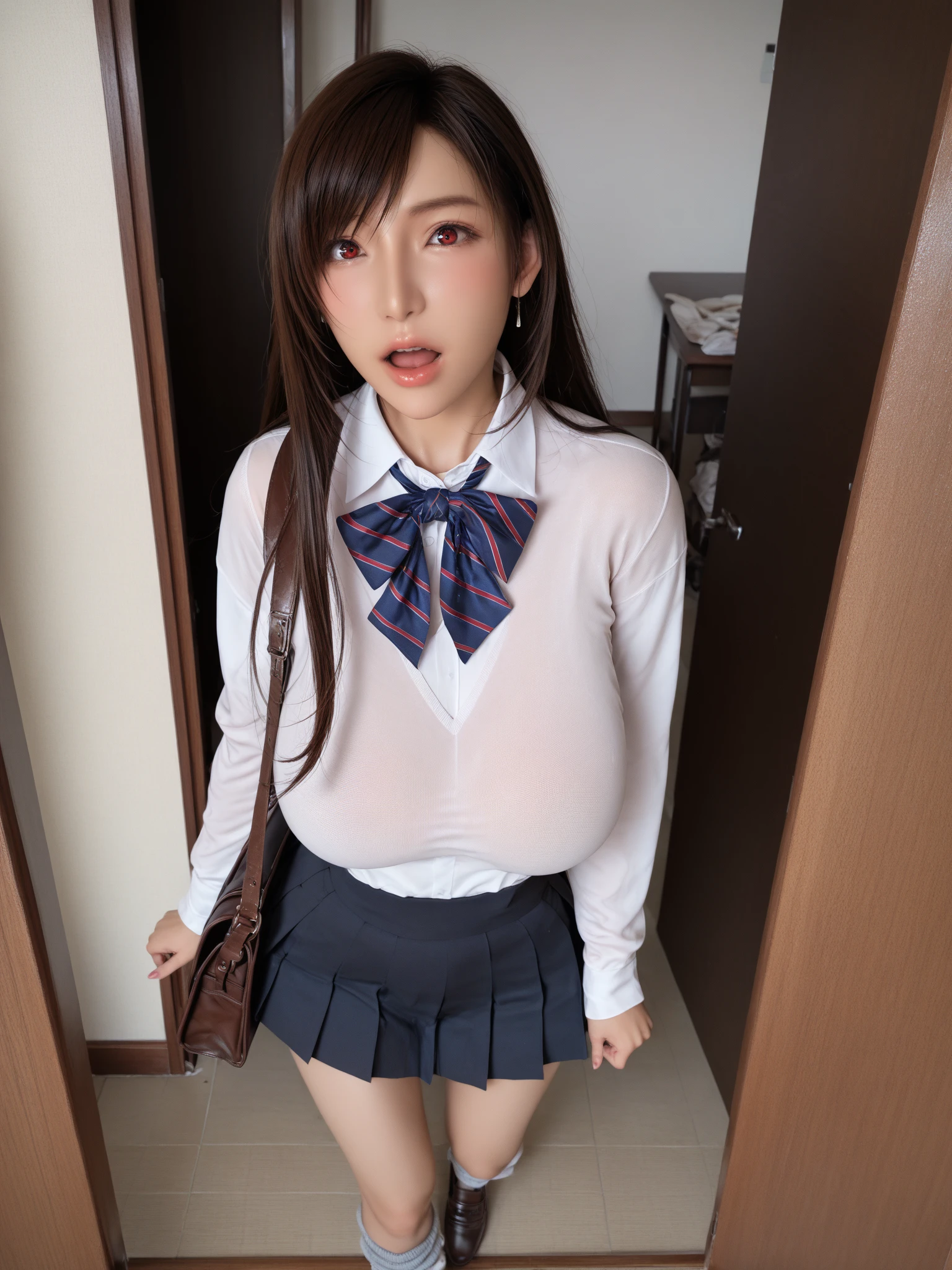 (Many female students:1.5), 16 years old, Grin, Low length, Japanese, ((Short sleeve white collar shirt:1.5,Navy blue checked mini skirt:1.5,Red checkered bow tie on chest,Black underwear)), (Big Ass:1.5), (Super huge boobs:1.5), Huge breasts, bulging udder, (Chubby:1.2), Glowing Skin, Baby Face, Porn Pose, Full body portrait, In a crowded train:1.1,