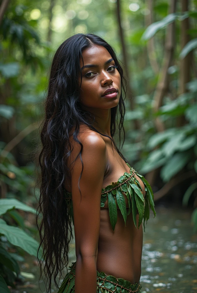 Masterpiece, Dark-skinned woman, long hair, tan loincloth, tan bra, wet skin, holding a knife, hiding in a bush, watching a robot, side view, realistic, in a rainforest