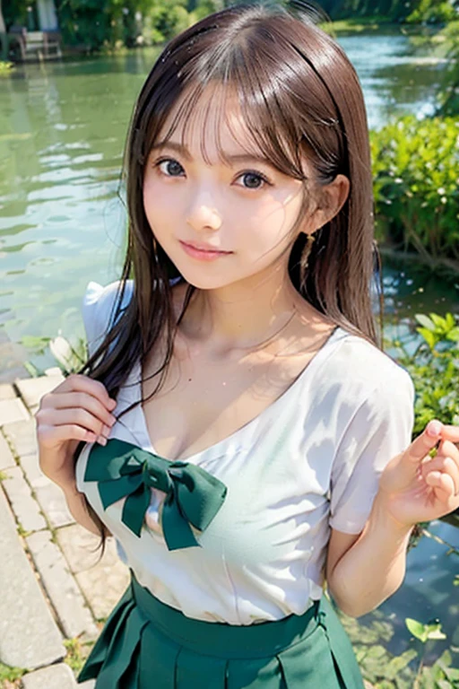 Japanese,6 years old,Baby Face、Ultra-flat chest、Ultra short height、An innocent smile、Flat chest close up、Unrealistic flat chest:1.85、cute,Primary school students,Primary school studentsの私服,Summer clothes、So small and so young、She began to unbutton her chest