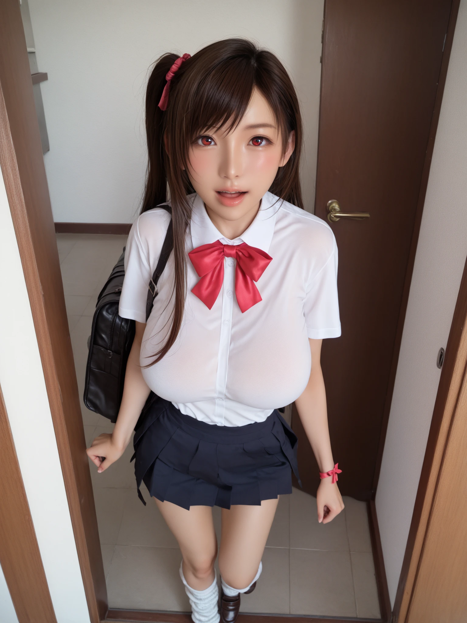 Super huge breasts, Gyaru, ditail lips, pink lips, long hair, cleavage of breasts, beautiful asian girl, short skirt, gal, shining skin, brown hair, dark skin, tanned skin, brown skin, gigantic breasts, JK , hi-school girl, school student uniform, muscular, muscular legs, shining legs, chest bulge, 1 girl, heavy makeup, glowy skin