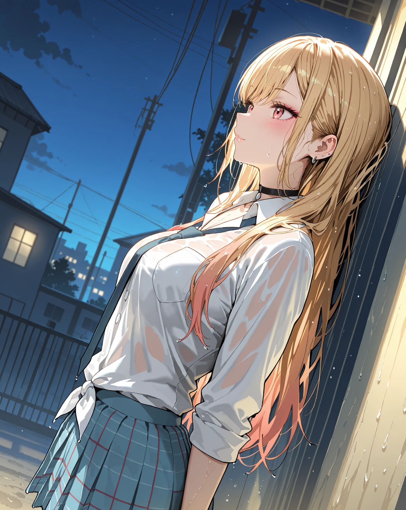 Being attacked、(masterpiece, Highest quality:1.2),(Shiny skin:1.6), Upper Body, Detailed cloth texture, Detailed hair texture, One girl, alone, 17 year old girl sexy pose, Long eyelashes, Part your lips, shining pink lips, Red eyes, (The body is slim:1.1), (Beautiful blonde hair:1.2), (Large Breasts:1.3), Floating Hair, (bangs), (school uniform,See-through white shirt:1.2), (The shirt is torn to shreds), (necklace, Earrings), Scared、View your viewers, (Cowboy Shot:1.5), Outdoor、Night Road、Street lamp、Tied to a telephone pole、squat、Tie your hands above your head、