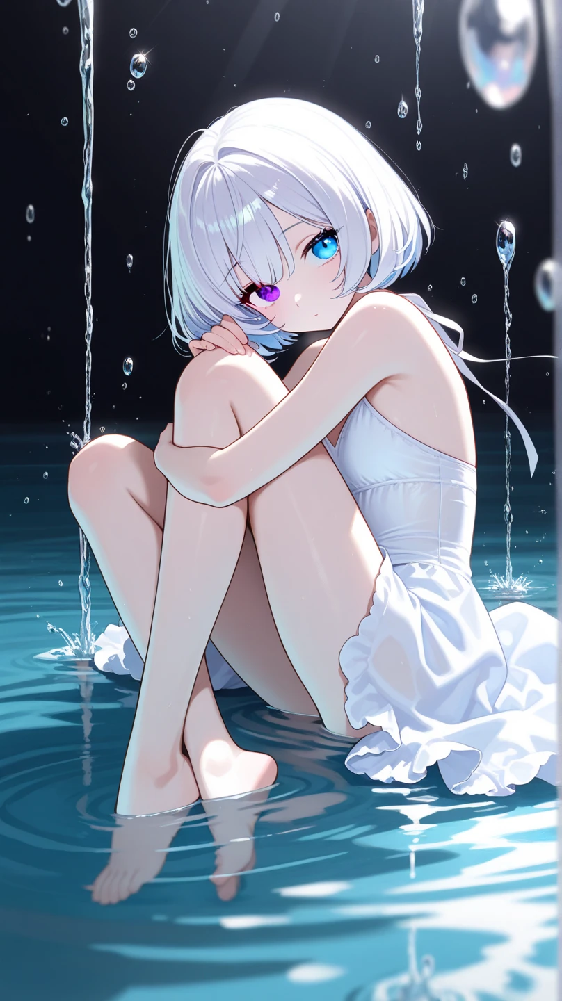 very thin girl 11 years old without a shirt, Without clothing, thin, Blue eyes, white hair with red tips, wet body, spread her legs and bent her knees