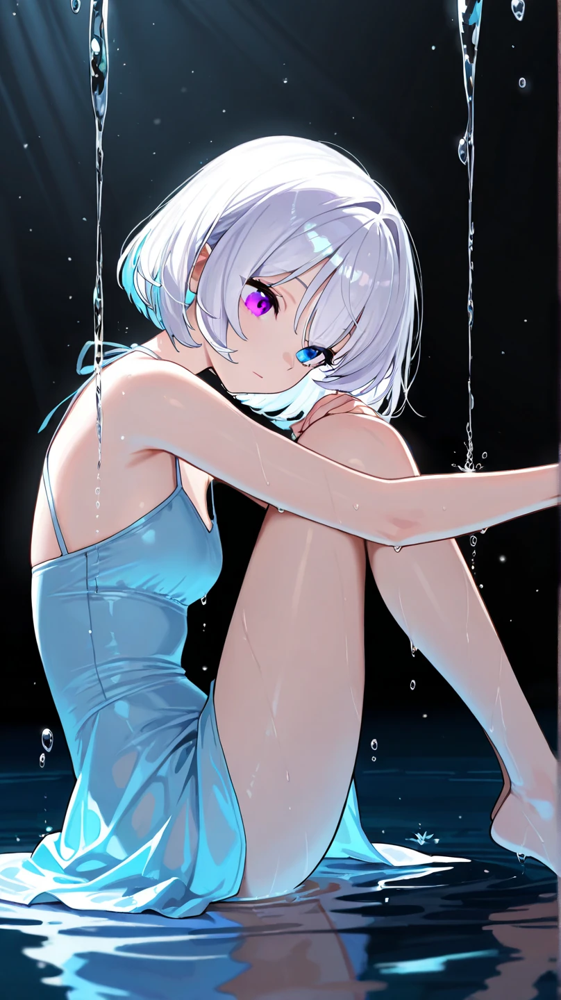 A woman in a black dress is sitting、Water is splashing all around, Wallpaper Anime Blue Water, Best Anime 4K, Anime Style 4k, 4k anime wallpaper, Enchanting anime girl, 8k high quality detailed art,, Beautiful anime girl crouching