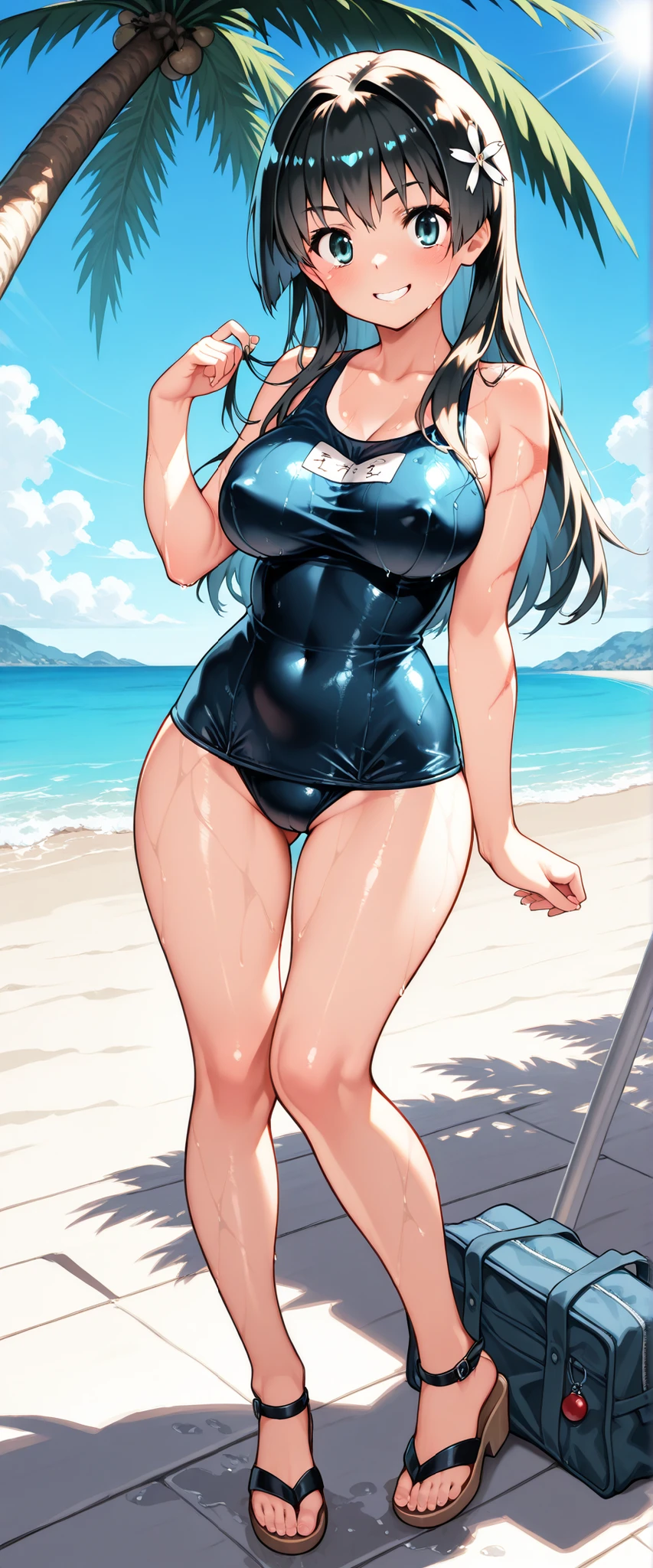 Top quality, masterpiece, girl one, (beautiful woman), complex swimsuit, closed swimsuit, high-leg swimsuit, very elaborate, full body, beach, vivid, professional lightness, golden ratio, beautiful appearance, 4k, slim body, angel eyes,