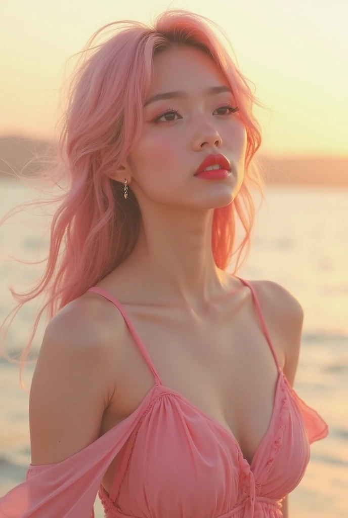 best quality, 8k, very delicate and beautiful, highly detailed face and skin texture, shiny skin, high resolution, big tits sexy pink hair japanese girl in white long dress walking on a beach, sharp focus