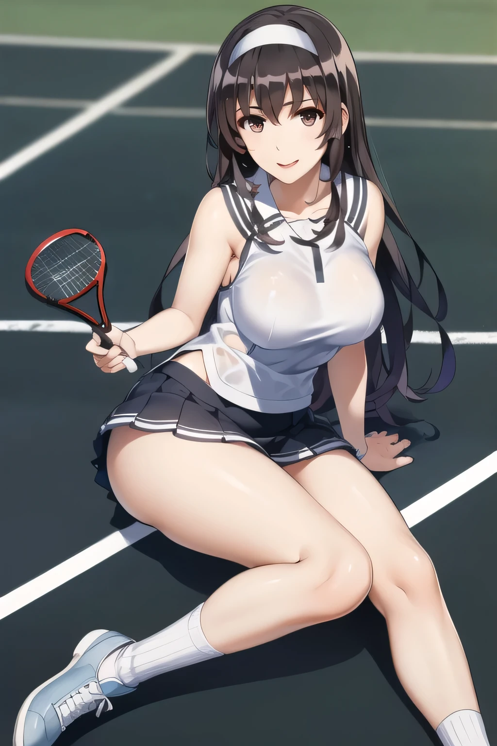 best quality,ultra-detailed,high resolution,extremely detailed CG,perfect anatomy,detailed,cinematic lighting,beautiful detailed eyes,ultra high res,(1girl),18years old,gleaming skin,oil skin,sweat,humid,trembling,strong light coming in,spot lighting,bright,revealing,nose blush,(shamefull:1.2), surprised, (embarrassed,blush:1.3),nsfw,(ecstasy:1.3) ,(slut:1.2),(vulgarity:1.3),(fucked silly:1.1),(steam:1.1),(wet:0.8),(trembling:0.8),(tears:0.7) ,(drooling:0.6),(sweat:0.8),(nsfw:1.2),(Tennis uniform:1.2),(Young:1.2),Japanese,(Tennis court:1.2),large breasts,(Random Hairstyles:1.2),Bold Pose,(full body:1.2),skirt,(Sheer tops:1.5),Shyness,(lure:1.5),(Smile:1.3),Close your mouth
