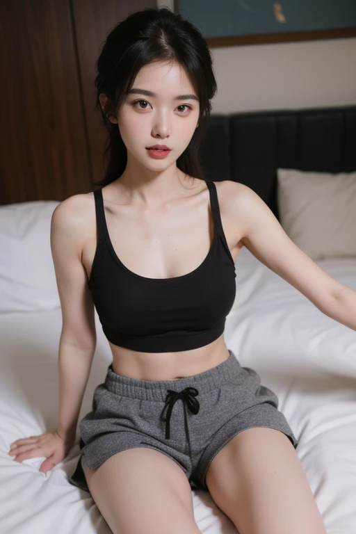(Highest image quality, Highest image quality, Super A High Definition), (Raw photo, Realism 1.4), (flat chest), Fine skin, Fine face, Cute, AKB Girl, Teen Girls, Small breasts, Perfect Skin, thighs thighs thighs thighs, Medium Hair, Perfect, Brown hair, Brown eyes, Gravure Pose、Full body, (((Spread)), shiny, ((Cropped Tank Top's))、panties on, Smile,
