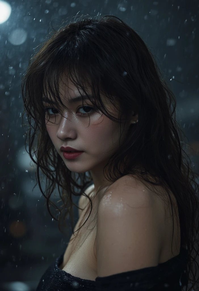 Best quality, masterpiece, ultra high res, (photorealistic:1.4), raw photo, 1girl, DARK hair, shiny skin, WET BODY, dramatic lighting, full body, bitch, micro bikini, huge breasts