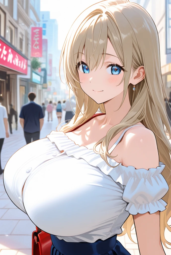 Best Quality, Masterpiece, realistic photo, intricate details, photo and gross, ultra detailed, old fashioned young woman, with peasant style dress, no necklines, by rubio, perfect detailed blue eyes, walking in an old city, high definition quality, 8k, young woman, 20 years old very big breasts