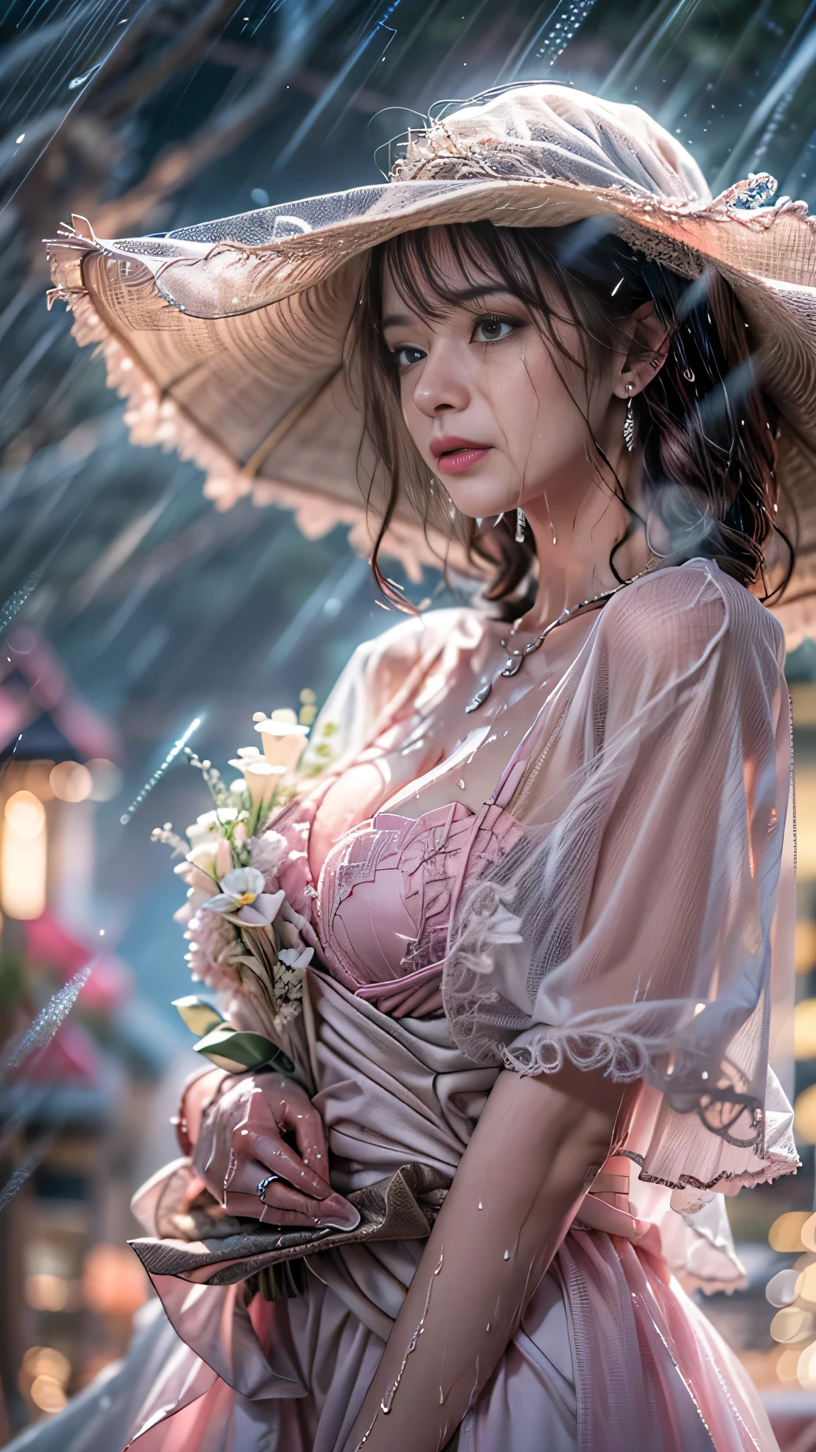 (RAW shooting, Photorealistic:1.5, 8k, Highest quality, masterpiece, Ultra-high resolution), ((((heavy snow, storm)))), Highly detailed skin and facial textures:1.3, Perfect dynamic composition:1.2, (Modern city in front of the church at night, Expressions of sadness:1.0, Tears flow:1.0, Crying with a broken heart:1.0), Slim office lady wet with rain:1.3, Cowboy Shot, Fair skin:1.2, Sexy beauty:1.1, Perfect Style:1.2, beautifully、aesthetic:1.1, Very beautiful face:1.2, Water droplets on the skin, (Rain dripping down on my body:1.2, Wet body:1.2, Wet Hair:1.3), (Professional dressing:1.1, Bouquet of wet roses in hand:1.2, How to wear a wet pink wedding dress correctly:1.3), (Mid-chest, See-through bra, Chest gap),  (Beautiful erotic eyes:0.8, Too erotic:0.8, Fascinating:0.8), necklace, Earrings, bracelet, wedding ring, Highly detailed and accurate hands and fingers