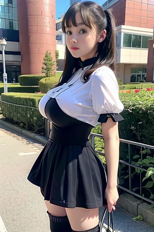 (masterpiece:1.3), (High resolution:1.1), Detailed beautiful face, Detailed beautiful, (huge breasts, gigantic breasts:1.4 there is a woman in a short skirt and a white shirt, very sexy outfit, thicc, sexy outfit, intriguing outfit, clear curvy details, revealing outfit, wearing tight simple clothes, a hyperrealistic schoolgirl, sexy style, hyperrealistic schoolgirl, wearing a cute top, smooth translucent white skin, japanese goddess, sexy look, small curvy , korean girl, Korean sexy